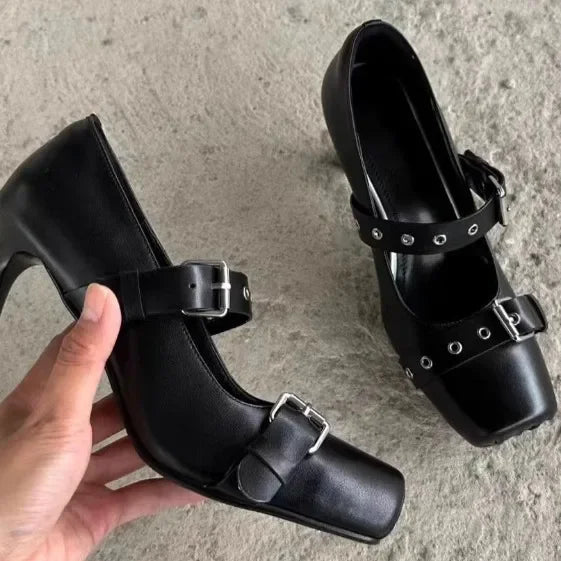 Designer Heeled Ballet Shoes Belt Buckle Chunky Heeled Platform Loafers New Square Toe Mary Jane Shoes