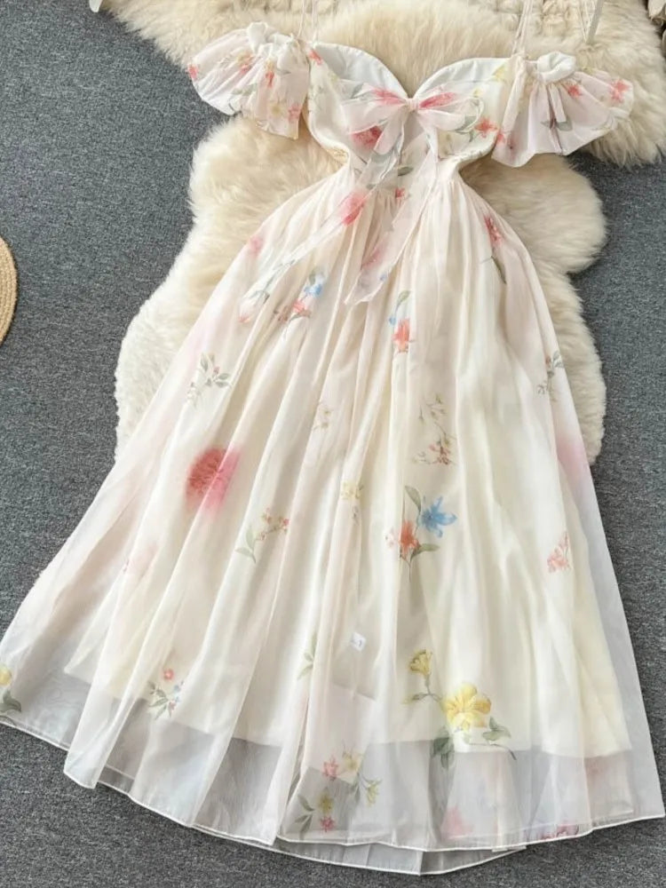 Strap Dress Summer Strapless Corset Maxi Sundress Backless Bow Sweet Print Midi Dresses