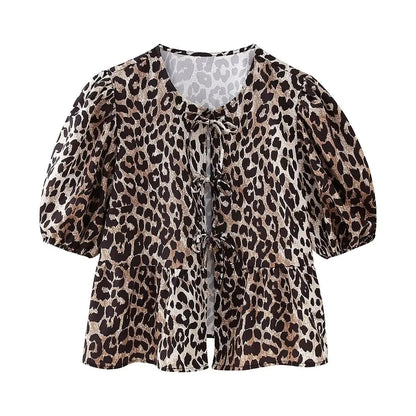 Summer Printed Cropped Shirts Top Puff Short Sleeves Round Neck Blouse Female Laceup Tshrit