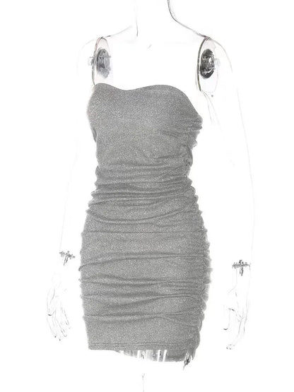 Black Glitter Bright Silk Dress Strapless Ruched Bodycon Dress Summer Sleeveless Tight Mini Dress Party Club Outfits