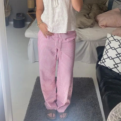 Y2k Blue Striped Pants Oversized Harajuku Korean Old Money Baggy Pink Trousers Woman Summer Thin