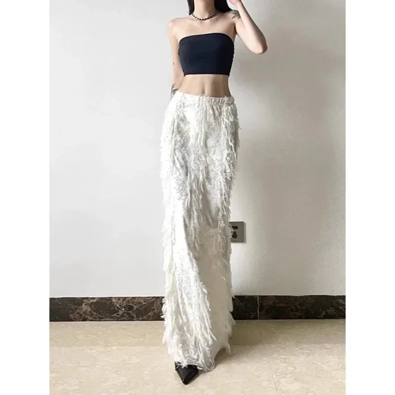 Korean High Waist Color Allmatch Midlength Skirt Winter New Tassel Stitching Aline Skirt