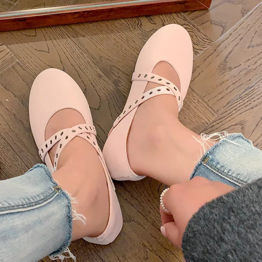 Spring Summer New Flats Genuine Leather Ballet Flats Round Toe Buckle Strap Comfortable Shoes Woman Concise
