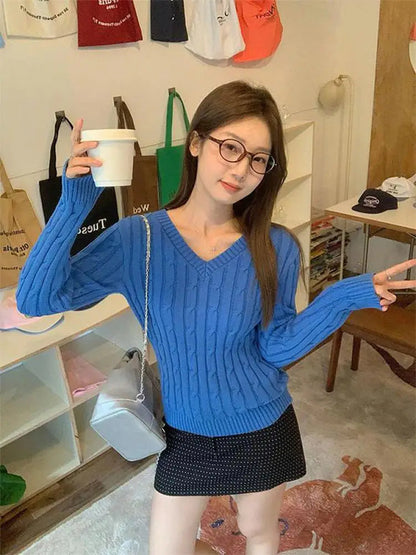 Autumn Winter New Blue Short Knitted Pullover Twists Sweater Korean V Neck Long Sleeved Versatile Crochet Tops