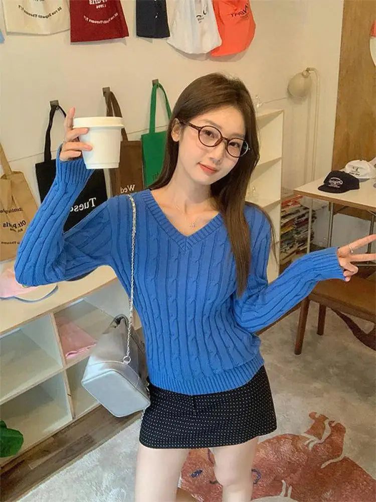 Autumn Winter New Blue Short Knitted Pullover Twists Sweater Korean V Neck Long Sleeved Versatile Crochet Tops
