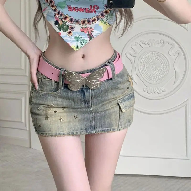 Y2k Willow Nail Heavy Industry Denim Skirt Summer New Low Waist Wrapped Hip Short Skirt