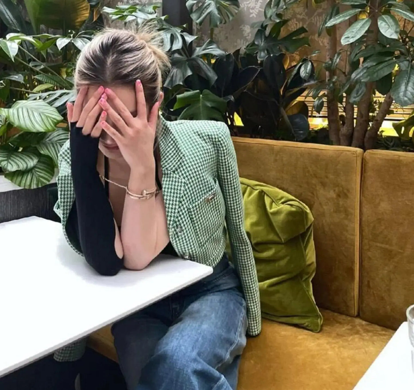 Retro French Style Green Check Plaid Weavon Cropped Blazer Notched Metal Buckle Buttons High Waist Suit Short Coat Outwear