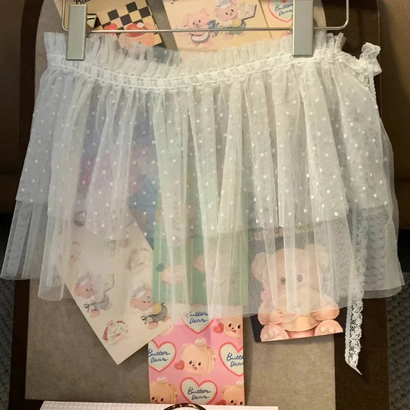 Korean Polka Dot Mesh Color Aline Skirt Spring New High Waist Hollow Seethrough Mini Skirt