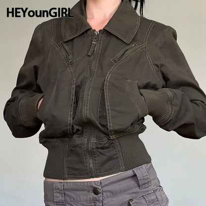 Y2k Cargo Jacket With Zipper Autumn Stitch Detail Lady Pockets Coat Street Outfits