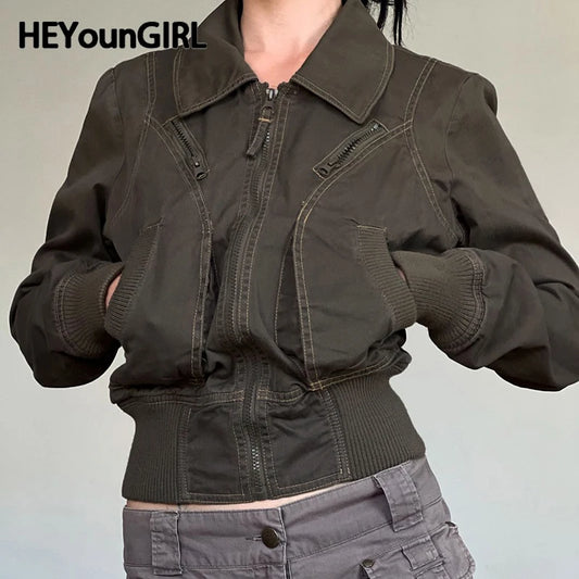 Y2k Cargo Jacket With Zipper Autumn Stitch Detail Lady Pockets Coat Street Outfits