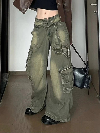 Zipper Cargo Denim Pants Hip Hop Retro Loose Pockets Straight Wide Leg Jeans Y2k Causal Female Trousers