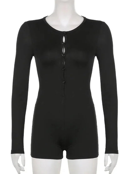 Black Jumpsuit Slim Fit Long Sleeve Romper Clothes One Piece Playsuit Overalls V-neck Buttons