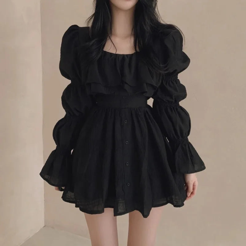 Dresses Puff Sleeve Ruffles Square Neck Spring Autumn Vestidos Mujer Korean Aline Mini Dress