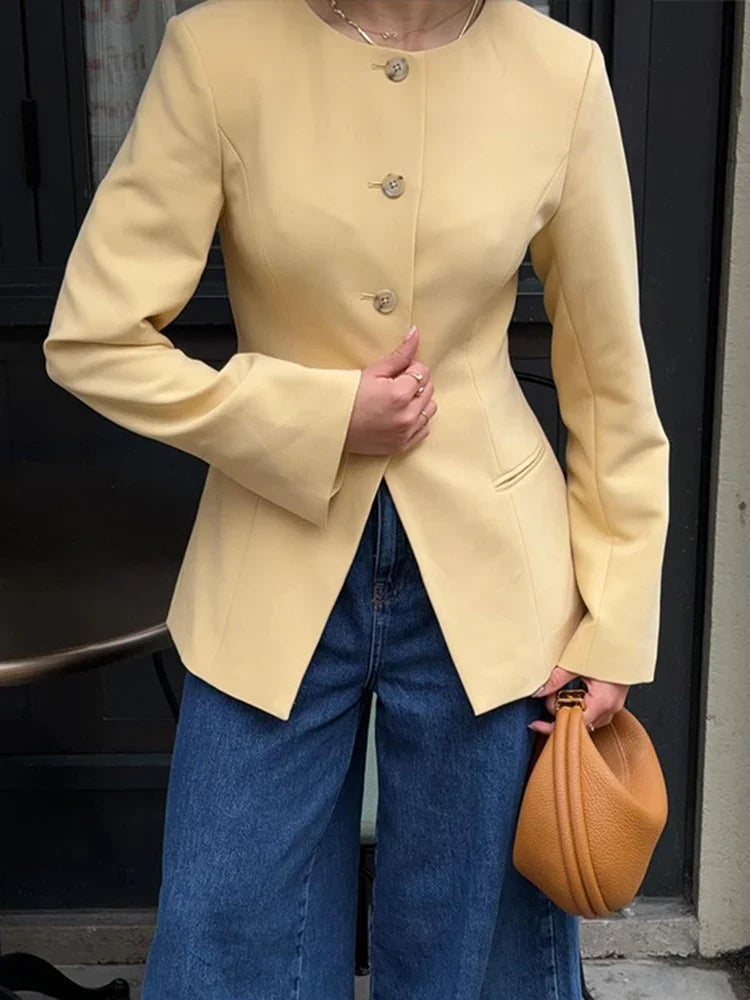 Office Coats O Neck Long Sleeve Pockets Single Breasted Female Jackets Autumn Lady Tops