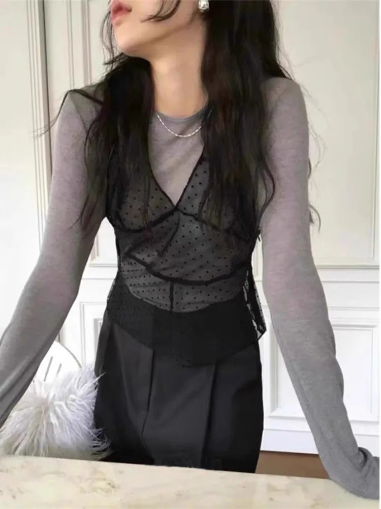 Vneck Seethrough Waistcoat Polka Dot Y2k Top Halter Fold Vest Woman Tanks Korean Ropa De Mujer