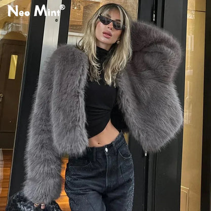 Street Gray Fluffy Short Faux Fox Fur Jacket Winter Hot Brand Thick Warm Eco Fur Coat Female