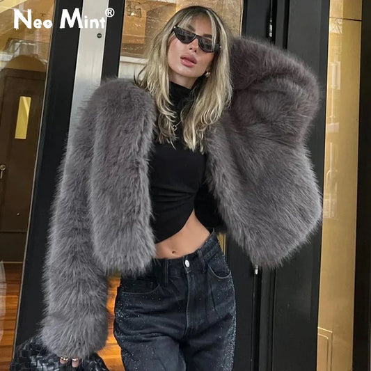 Street Gray Fluffy Short Faux Fox Fur Jacket Winter Hot Brand Thick Warm Eco Fur Coat Female