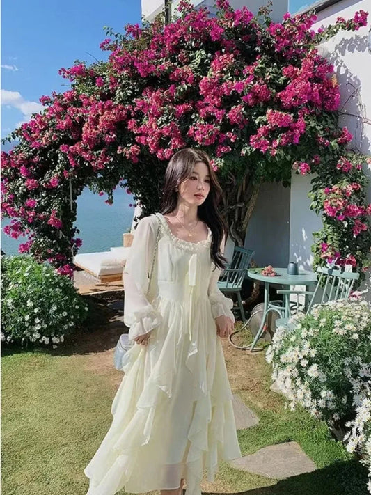 Irregular Ruffles Long Dress New Autumn Square Collar Beach Vocation Korean Female Vestidos New