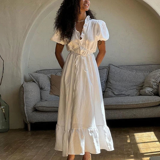 Leisure V-neck Lace Up White Maxi Dress for Color High Waisted Short Sleeves Ruched Patchwork Girdle Dress