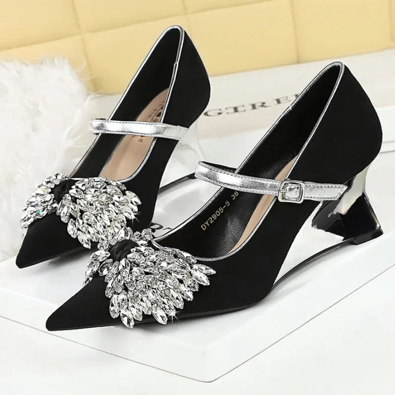 Rhinestone Design Wedge Shoes Shallow Pointed Toe Pumps Female Diamond Butterflyknot High Heels Zapatos De Mujer