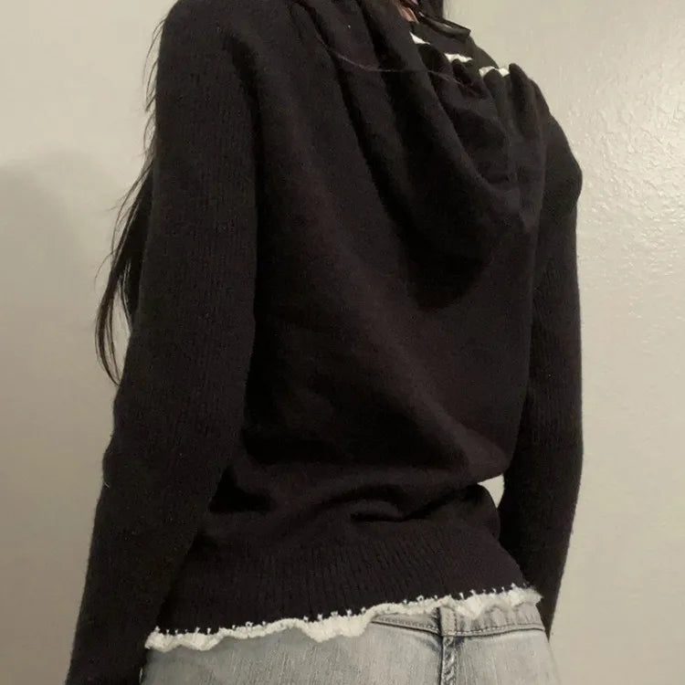 High Street Lace Patchwork Hooded Sweatshirt Y2k Long Sleeve Double Zipper Jackets Spring Autumn New Cardigan Coat