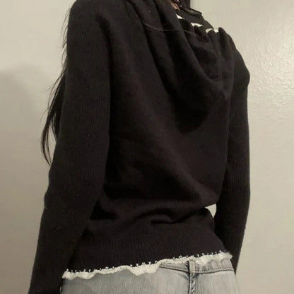 High Street Lace Patchwork Hooded Sweatshirt Y2k Long Sleeve Double Zipper Jackets Spring Autumn New Cardigan Coat