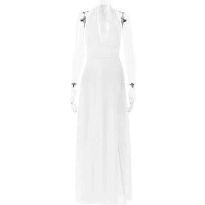 Halterneck V-neck Backless Dresses Party High Waist Slit Sleeveless Long Dress Lace-up Evening Dress