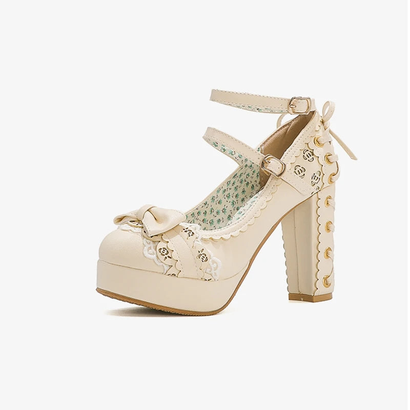 Summer 2.5 Platform Bow Lace Princess Lolita Shoes Party 10cm High Heel Buckle Big Size 43