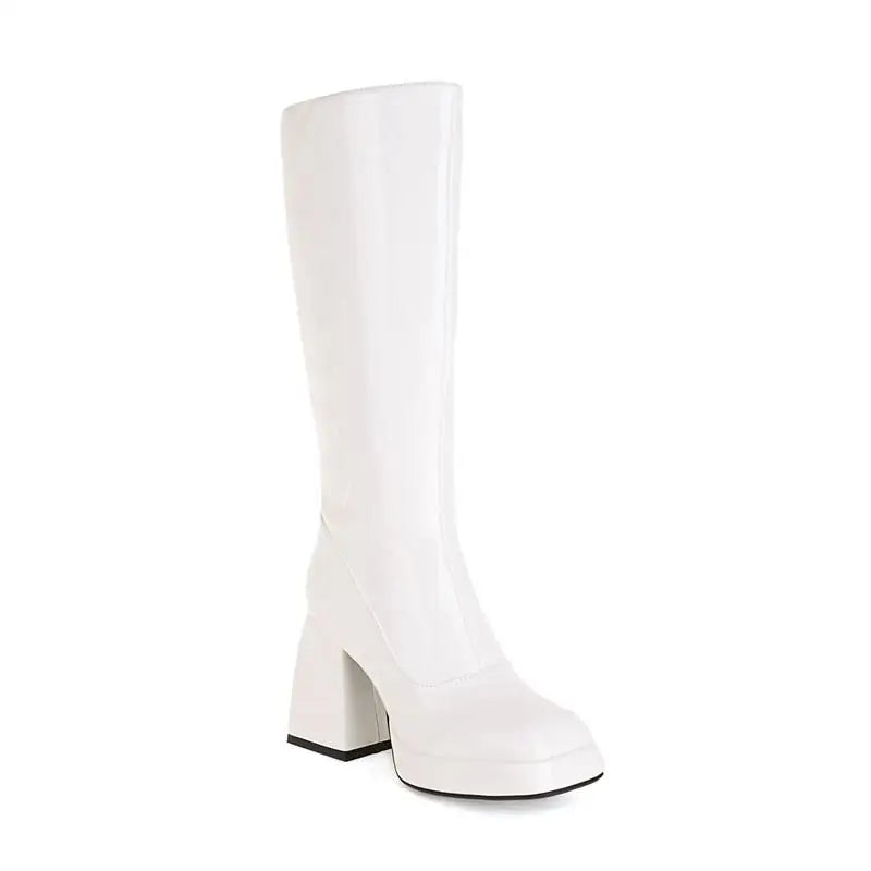 Mint Green White Patent Leather Knee High Boots Square High Heels Waterproof Platform Party Fetish Shoes 42 43
