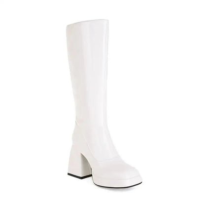 Mint Green White Patent Leather Knee High Boots Square High Heels Waterproof Platform Party Fetish Shoes 42 43