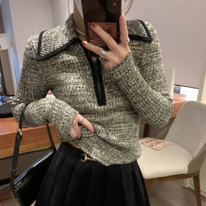 Zipper Slim Knit Longsleeved Sweater Autumn New Turn Down Collar Contrast Color Patchwork Tops