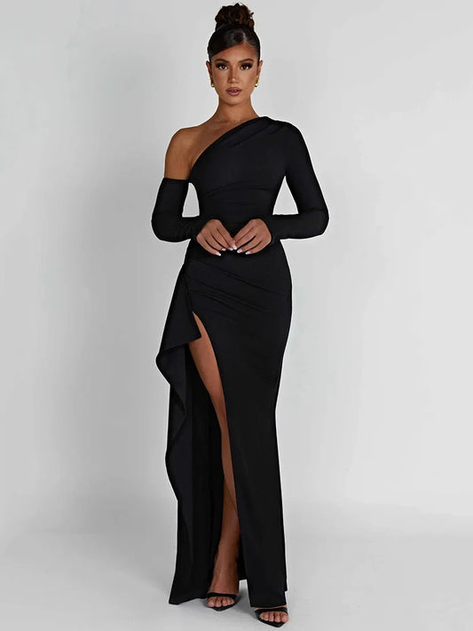 Oblique Shoulder Thigh High Split Maxi Dress Long Sleeve Backless Bodycon Club Party Long Dress Vestidos