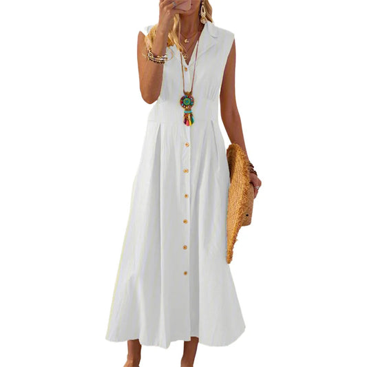 Beach Dress Color Turn Down Collar Single Breasted Sleeveless a Line Long Dresses Vacation Party Dresses