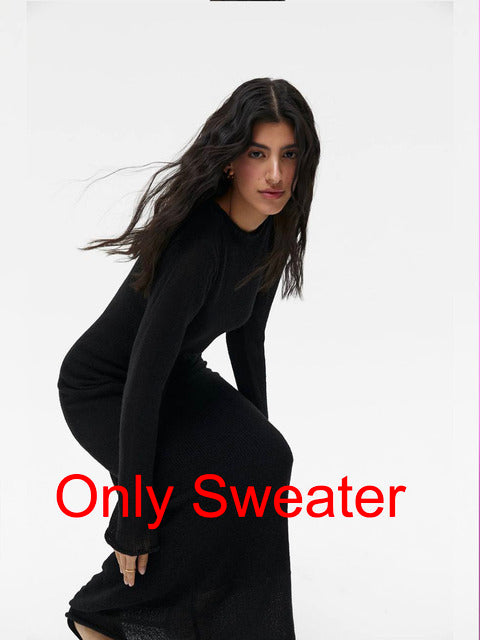 Spring Autumn O-neck Elastic Knit Long Dresses Soft Lady Hollowing Sweater Dresses Femme New