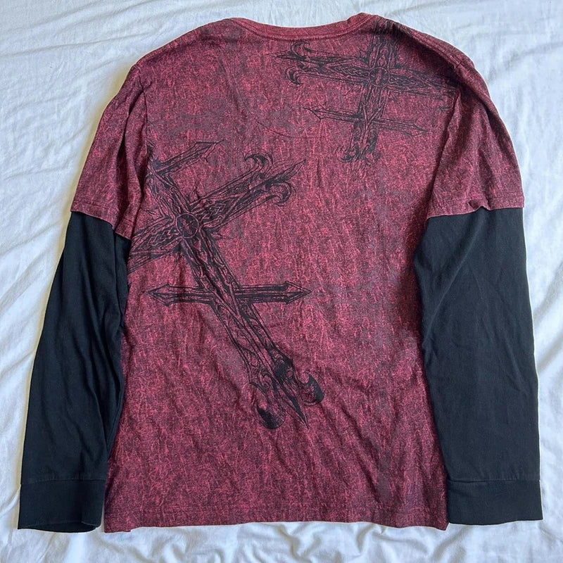 Y2k Grunge Emo T-shirt 2000s Cross Cyber Goth Patchwork Long Sleeve Tees E-girl Gothic Harajuku Loose Tops
