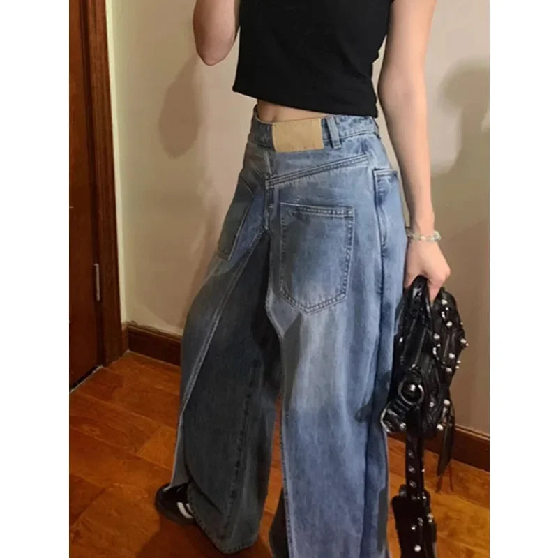Korean Retro Washed Splicing All Match Jeans Spring New High Waist Loose Distressed Denim Wide Leg Pants