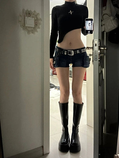 Woman Hot Slim Pants Low Waist Jean Color Wash Shorts Denim Shorts With Belt Classical Gyaru Dark Academia