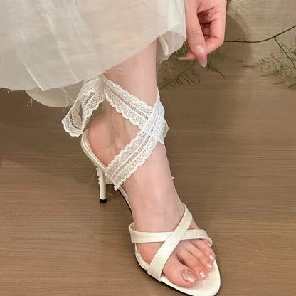 Lace Pointed Toe Heeled Sandals Stilettos Shoes Woman Slippers Slingback Summer Dress Pumps Zapatillas