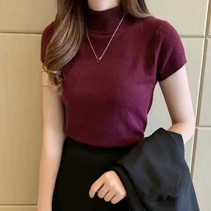 Tops and Blouses Summer Short Sleeve Blouse Blusas Mujer De Moda Turtleneck Knitted Blouse Shirt Tops