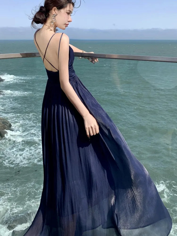 Summer New Spaghetti Strap Long Dresses for V-neck A-line Evening Party Dress Backless Prom Robe One Piece Vestido Mujer