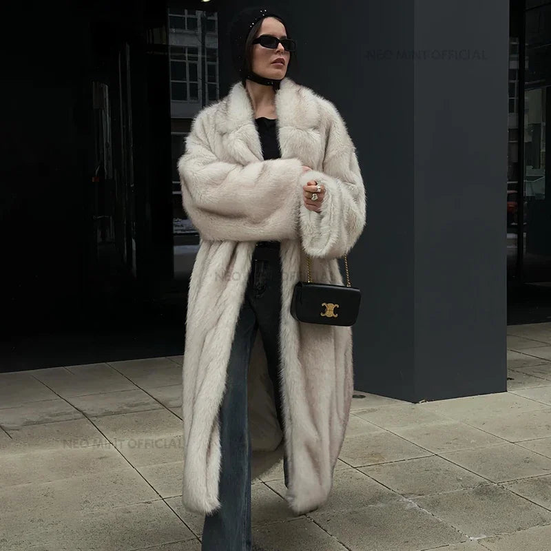 Long Faux Fox Fur Coat Winter Warm Fluffy Fur Jacket Female Street Furry Outerwear Overcoat