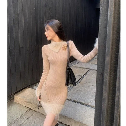 Knitted Dresses Autumn Winter Furry Patchwork Slim Stretch Sweater Dress Basic Long Sleeve Female