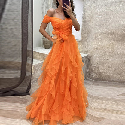 Strapless Ruffle Mesh Bridesmaid Dresses Spring Backless Hollow Long Party Dress Summer High Waist Bow Hem Maxi Dress