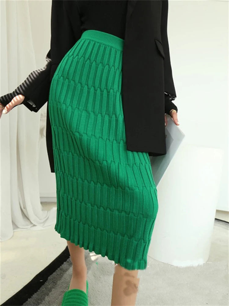 Knit High Waist Patchwork Long Skirt Loose Slim Autumn Knitwear Maxi Skirt