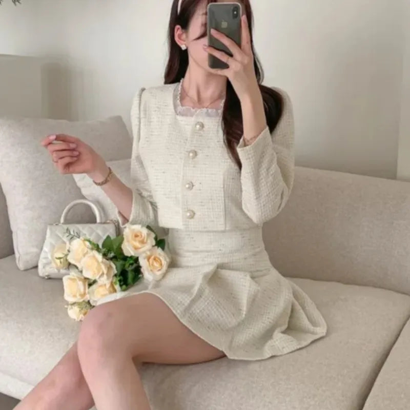Korean Tweed Short Jacket Cropped Coats + High Waist Mini Skirts Suits Autumn New Slim Two-piece Sets