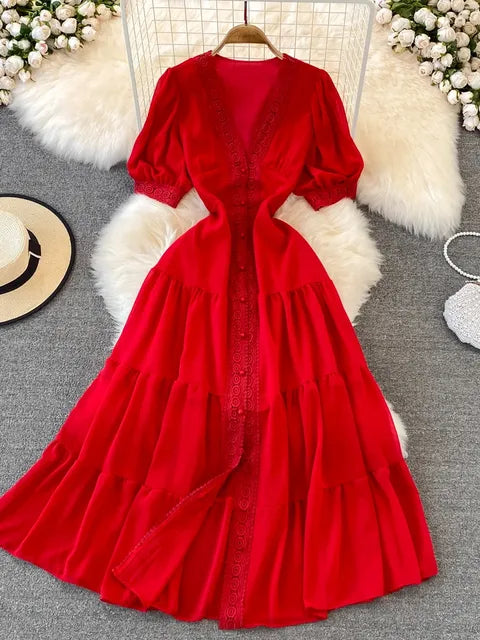 New Party Dress Summer Puff Sleeve V Neck Lace Single-breasted Long Dresses a Line Long Robe