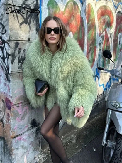Fluffy Faux Fur Jacket Coat Oversize Long Sleeve Lapel Plush Overcoat Winter Lady Thicken Warm Outwear