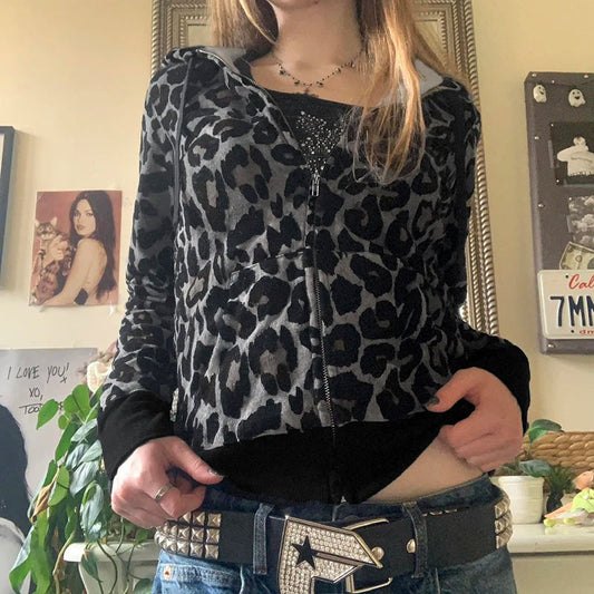 Leopard Print Velvet Hoodie Grunge Loose Zipup Hooded Sweatshirts Y2k Contrast Patchwork Cardigan Retro Thin Coat New