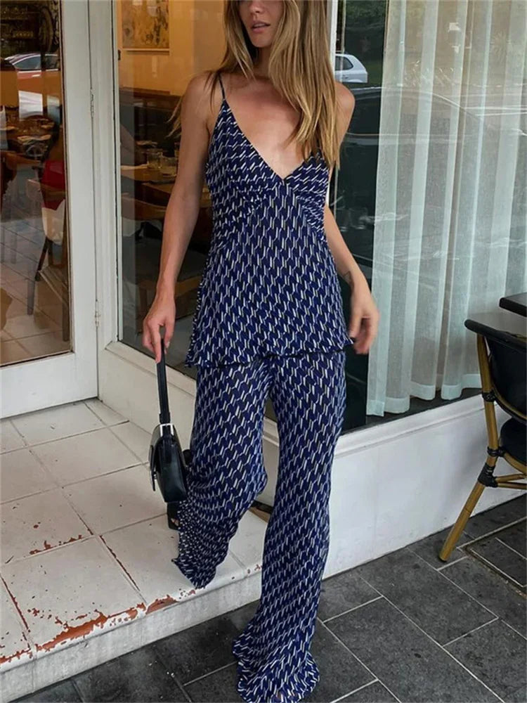 Printed ’s Pants Outfits V-neck Contrast Slim Pullover and Wide Leg Trousers 2 Piece-set Clothes Sets