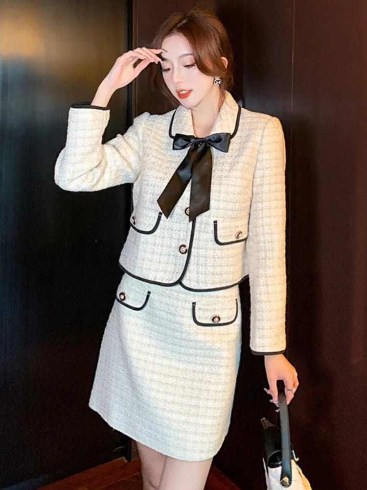 French Two-piece Skirt Set Autumn New Suit Single Breasted Crop Coat Bow Mini Skirt Korean Outfits